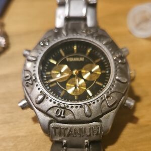 Titanium Watch with Black Dial and Gold Subdials